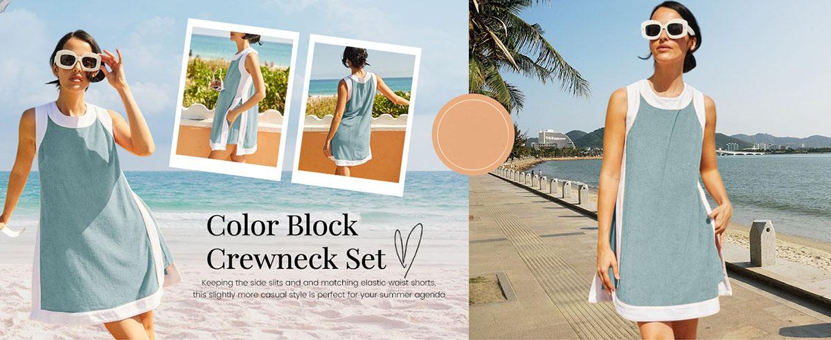 Women's Casual Two Piece Sets Color Block Crewneck Sleeveless Pullover Tops Matching Shorts With Pockets