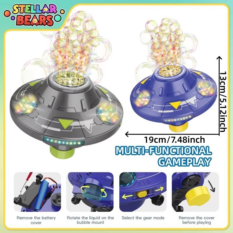 80ml Electric Flying Saucer Automatic Bubble Machine with Rotating Bubble Gun, LED Light for Outdoor Games, Obstacle-Avoiding Flight Suitable for Disc Outdoor Spring Outings, Easter, Birthday Parties