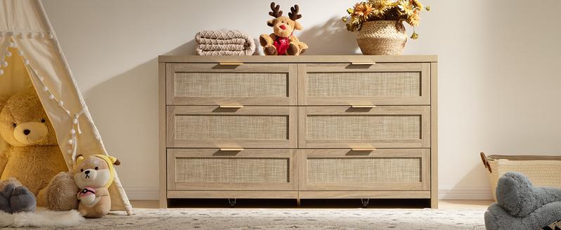 SICOTAS Rattan Dresser for Bedroom, 17.7" x 56.9" x 31.3" Size 6 Drawer Dresser with Ample Storage,Unique Engineered Wood Dressers Large Chest of Drawers for Nursery, Closet, Boho TV Stand for Bedroom, Sturdy and Durable, Easy Installation