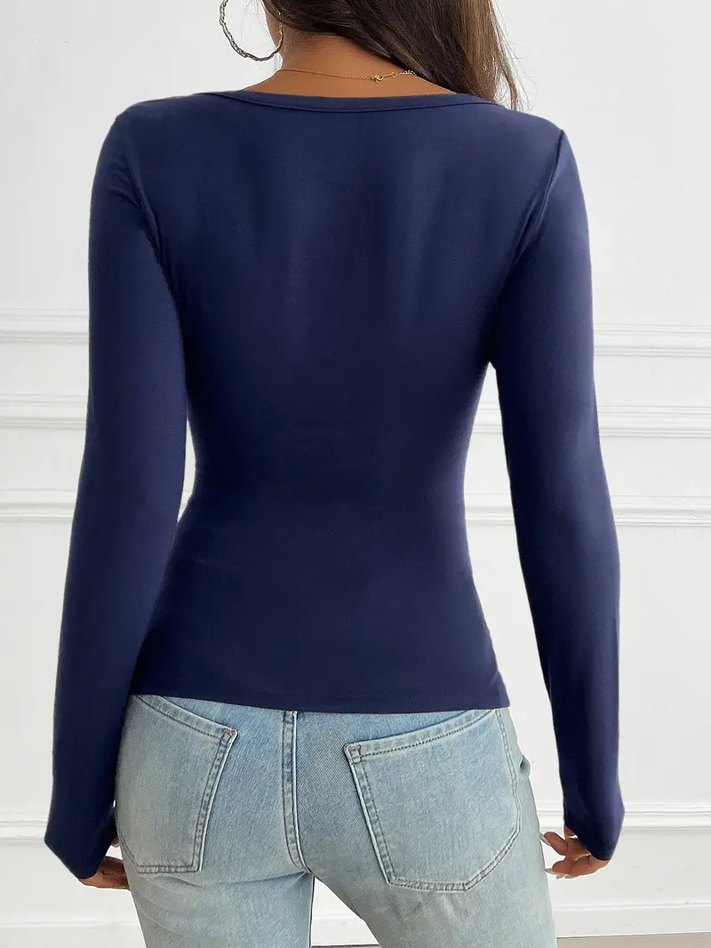 Pure Desire Style V Neck Long Sleeve Top, Front Pleated Button Closure Slim Fit Fake Two-Piece Lace Patchwork T-Shirt