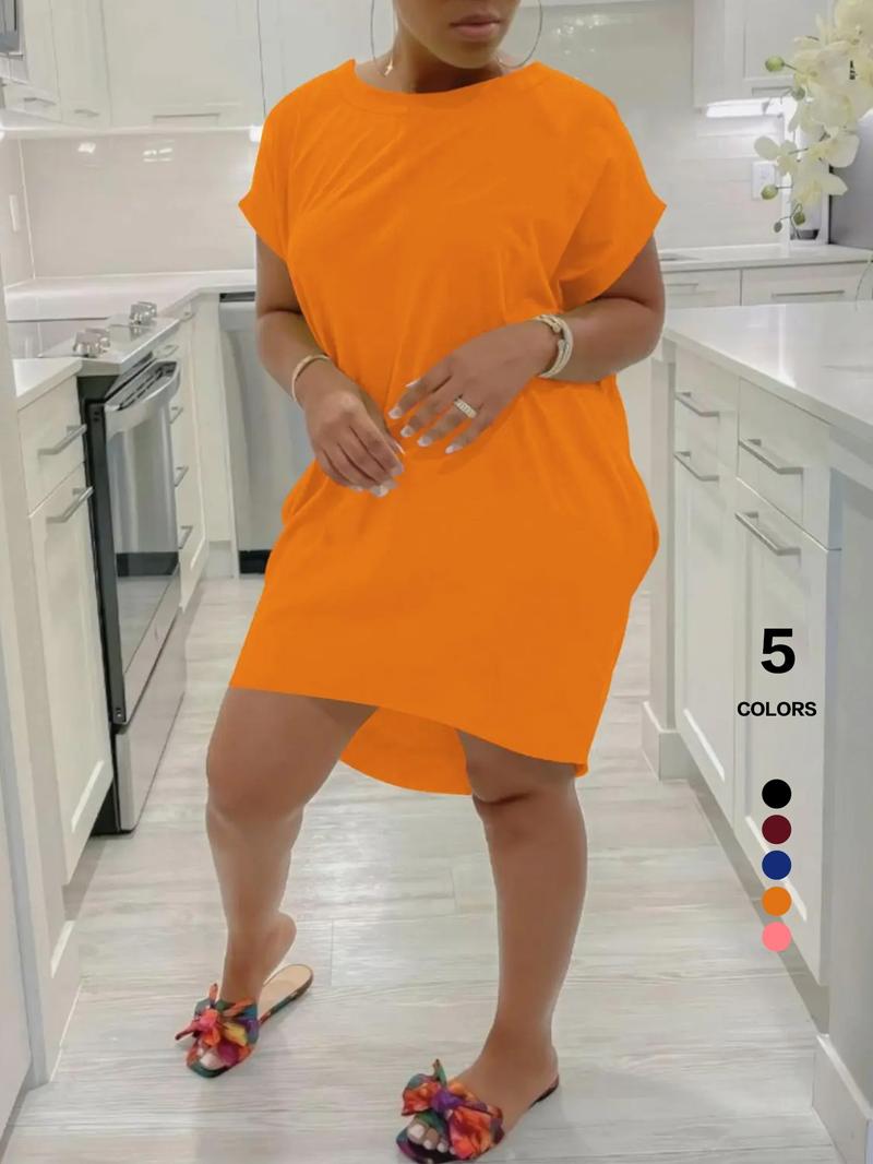 Women's Solid Color Batwing Sleeve Hidden Pocket Tee Dress, Casual Fashionable Daily Wear, Comfortable & Stylish Design