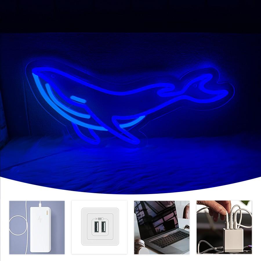 whale Neon Sign,  LED Shark Light Animal Wall Decor, Christmas Gift White Elephant Gifts for Boys Men, Bedroom Living Room Man Cave Home Decoration With USB Powered