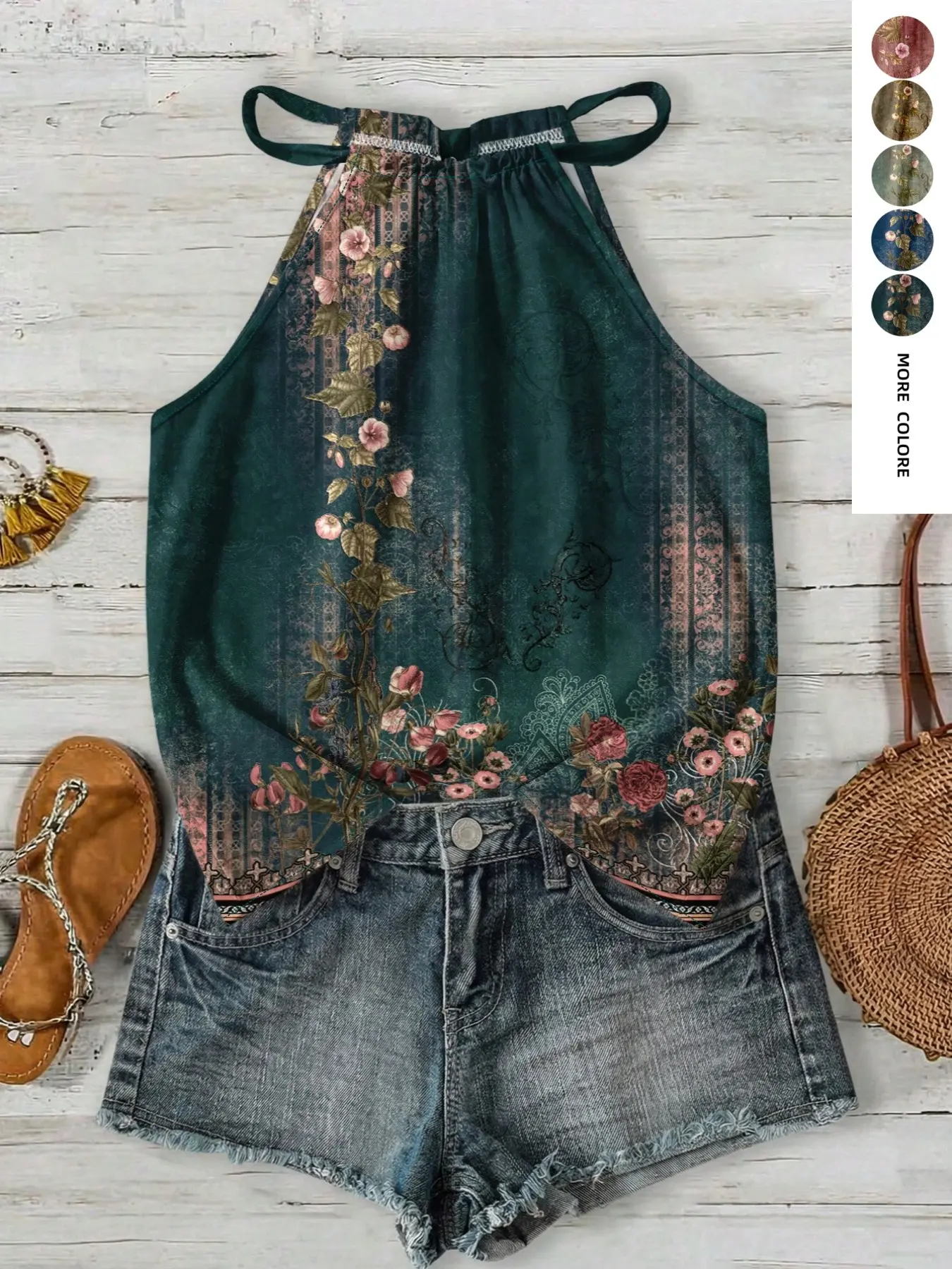 Vintage Floral Drawstring Halter Top, Unique Design Sleeveless Top, Loose Fit to Hide Belly Bulge, Perfect for Outings and Photoshoots