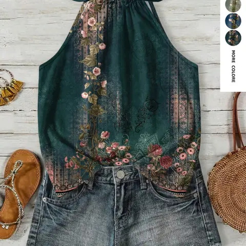 Vintage Floral Boho Drawstring Halter Top, Unique Design Sleeveless Top, Loose Fit to Hide Belly Bulge, Perfect for Outings and Photoshoots