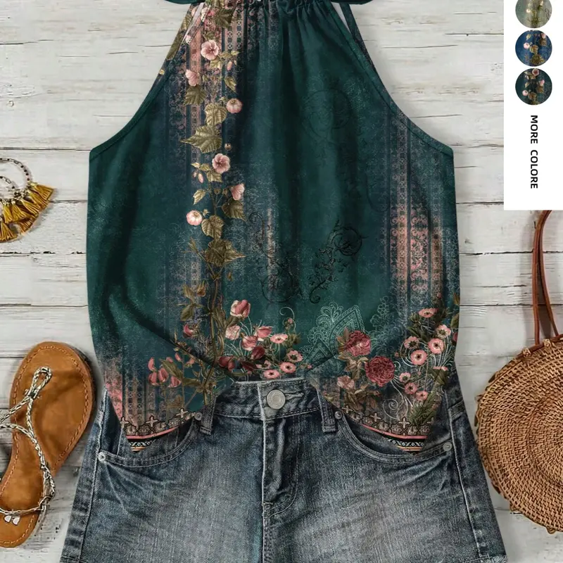 Vintage Floral Boho Drawstring Halter Top, Unique Design Sleeveless Top, Loose Fit to Hide Belly Bulge, Perfect for Outings and Photoshoots