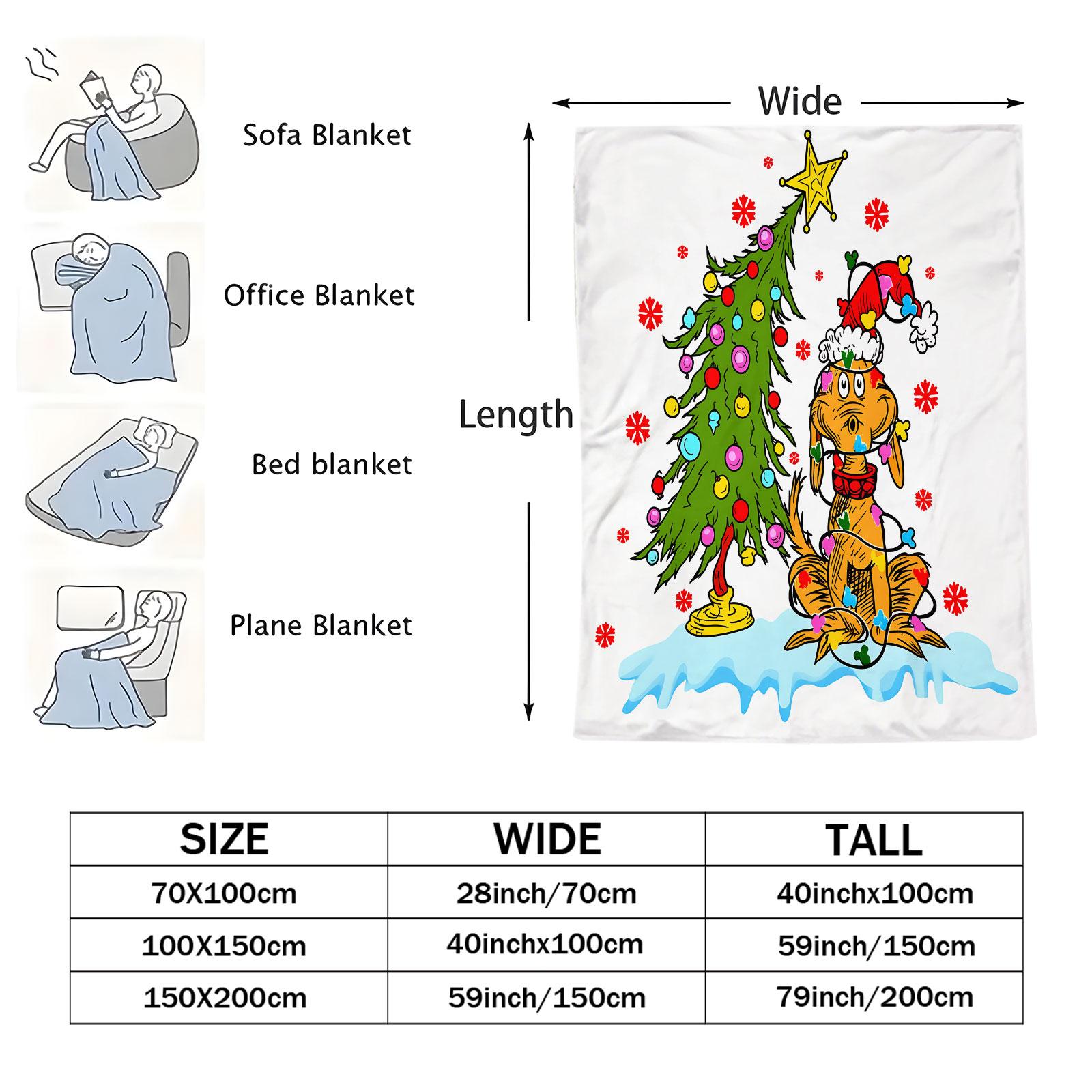 Christmas Theme Flannel Sofa Bed Blanket, Christmas Tree and Dog Grinch Pattern Plush Cover, Soft Smooth Thick Dense, Suitable for Who Love Christmas and Childlike Whimsy, Perfect Gift Choice or Self Use