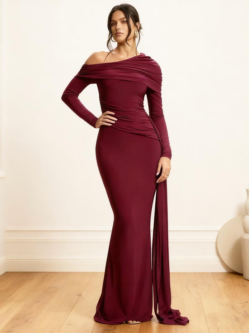 Elegant Party Holiday Dress with Side Long Tie, Asymmetrical Single Shoulder Ruched Bodycon Women's Dress, All Seasons Fashion
