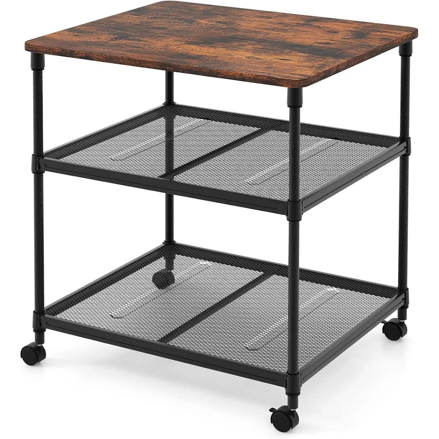 Printer Stand, 3-Tier Industrial Printer Cart with Lockable Wheels, Adjustable Shelves, Metal Frame, Mobile Under Desk Shelf for Home Office, Printer Table Fit Fax Machine, Scanner (Brown)