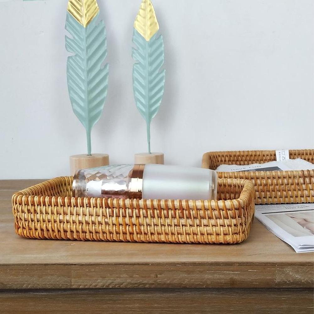 Woven Storage Basket, Bamboo Bread Fruit Snack Nuts Sundries Key, Rectangular Serving Tray for Home Living Room Coffee Shop