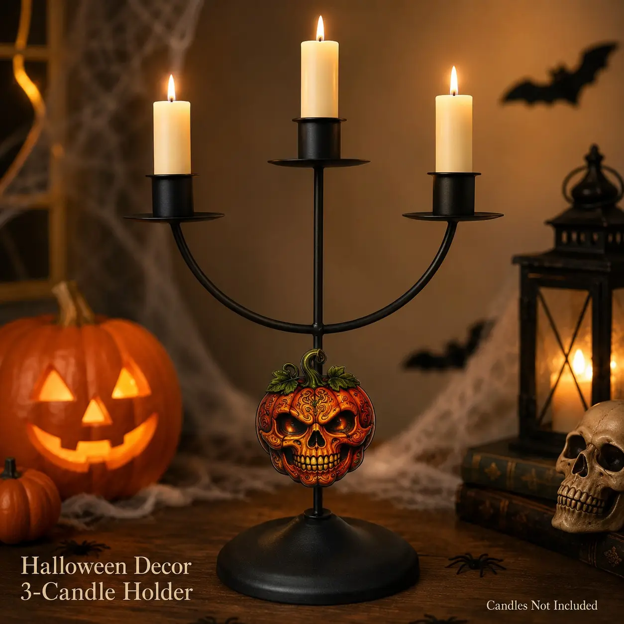 1 Pc Halloween Gothic Pumpkin Skull 3 Candle Iron Candelabra for Dining Table Mantel Entryway Party Decor with Deep Candle Cups Stable Curved Base Black Vintage Candle Holder for Pillar Candles Holiday and Everyday Use Candles Not Included