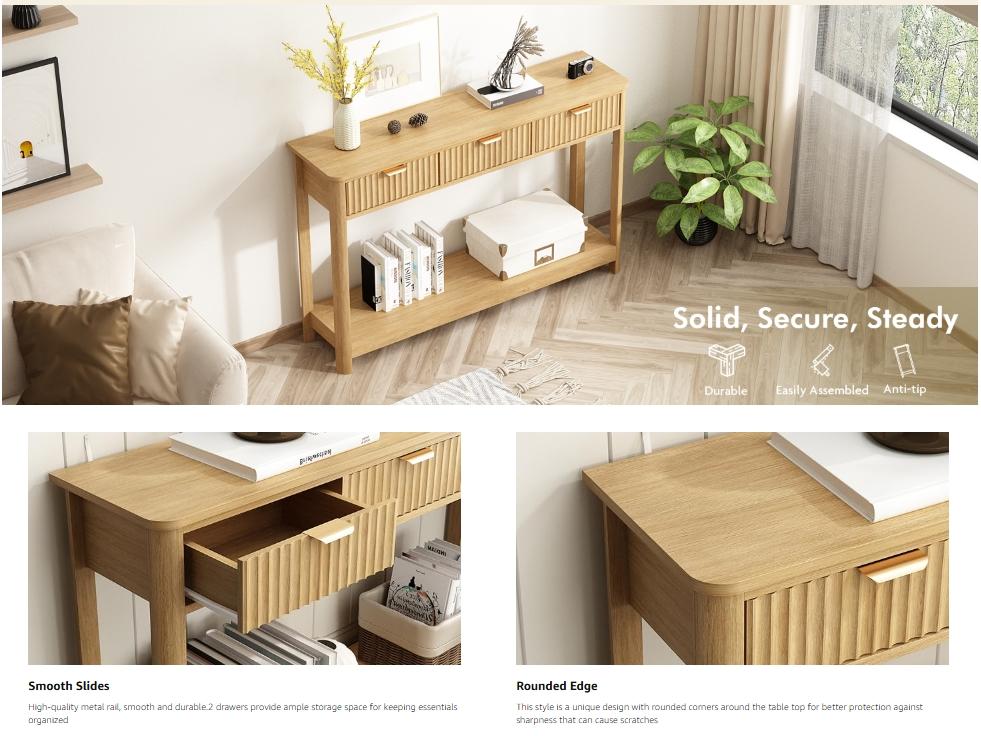 PieDle Furniture Fluted Console Table with Drawers, Modern 47.1" Entryway Table with Storage Shelf, Boho Narrow Skinny Behind Couch Wood Sofa Table for Living Room Hallway Entrance Foyer