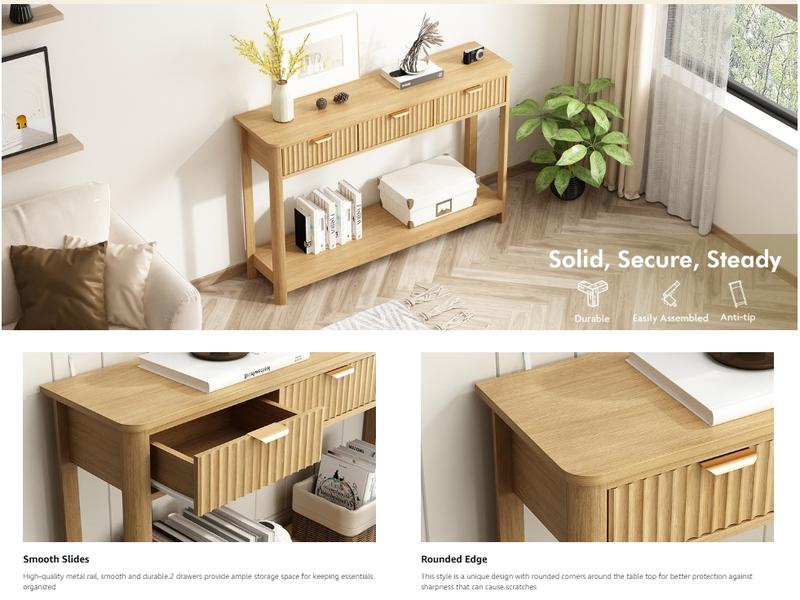 PieDle Furniture Fluted Console Table with Drawers, Modern 47.1" Entryway Table with Storage Shelf, Boho Narrow Skinny Behind Couch Wood Sofa Table for Living Room Hallway Entrance Foyer