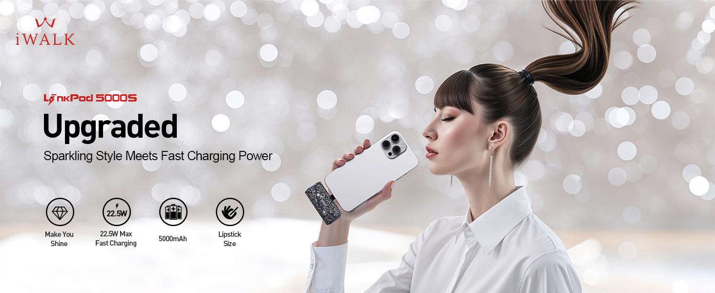 iWALK Upgraded Shiny Portable Charger 5000mAh High Capacity Compact Cordless Power Bank for iPhone 17/16/15 & Android Type-C Smartphones Black 22.5W Max Charging Cable - Chargeable