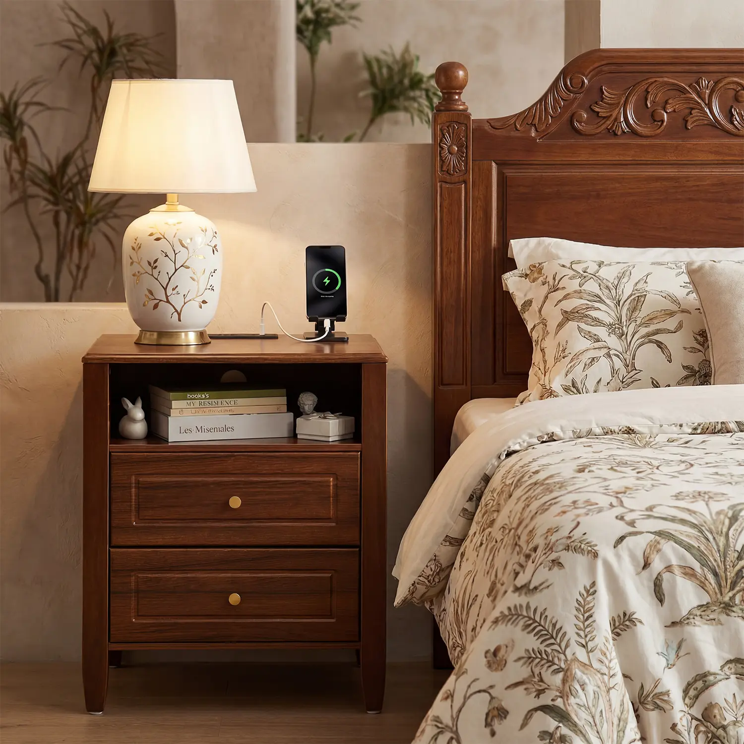 Farmhouse Night Stand with Power Outlet, Bedside Table with 2 Drawers, Charge Station, Open Storage Shelf, End Table, Easy Assembly, 23.6 Inch Height, Brown/Black