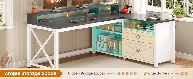 SEDETA L Shaped Gaming Desk, 55" Corner Computer Desk with Drawers, Home Office Desk with Printer Storage Shelves, Monitor Stand and LED Lights Study Organizing