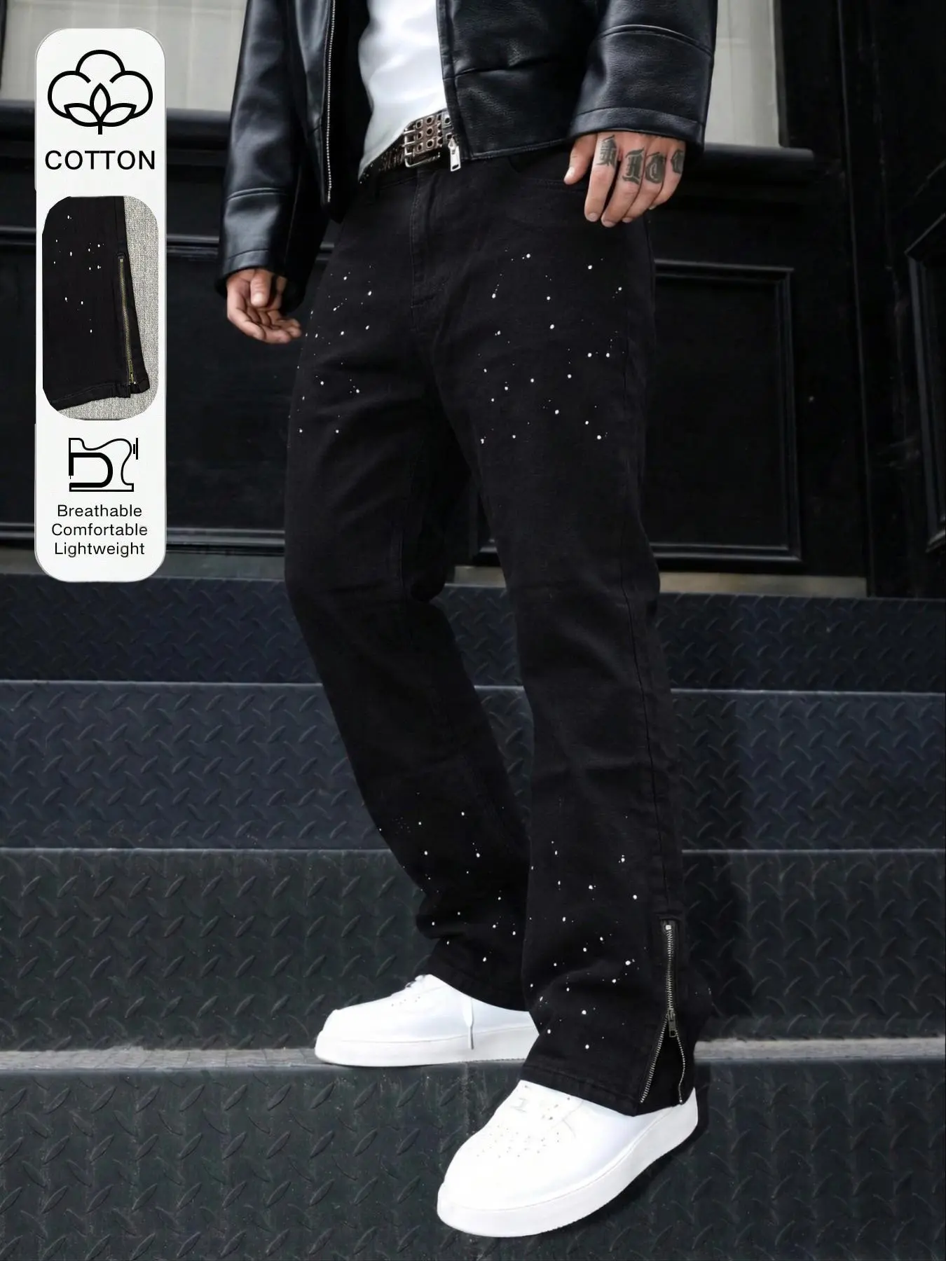 Men's Splatter Print Skinny Jeans, High Street Streetwear Hip-Hop Style, Zipper Cuff Long Pants, All Seasons Casual Fitted Denim, Street Fashion Fit