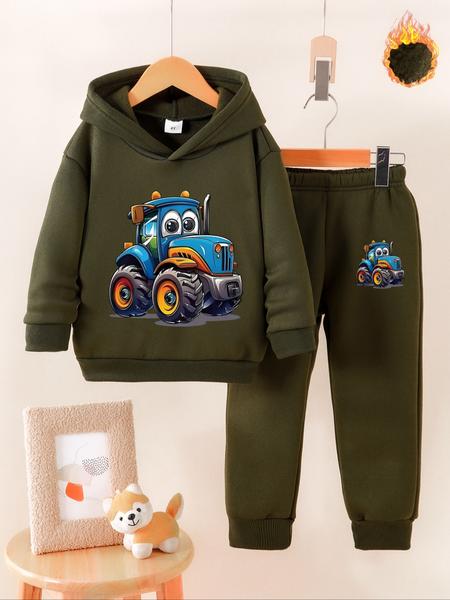 Boys' Fall Winter Fleece Set, Cartoon Tractor Print Hoodie & Jogger Pants, Casual Warm Fashion for Kids, Perfect Gift Idea, Clothes Kids