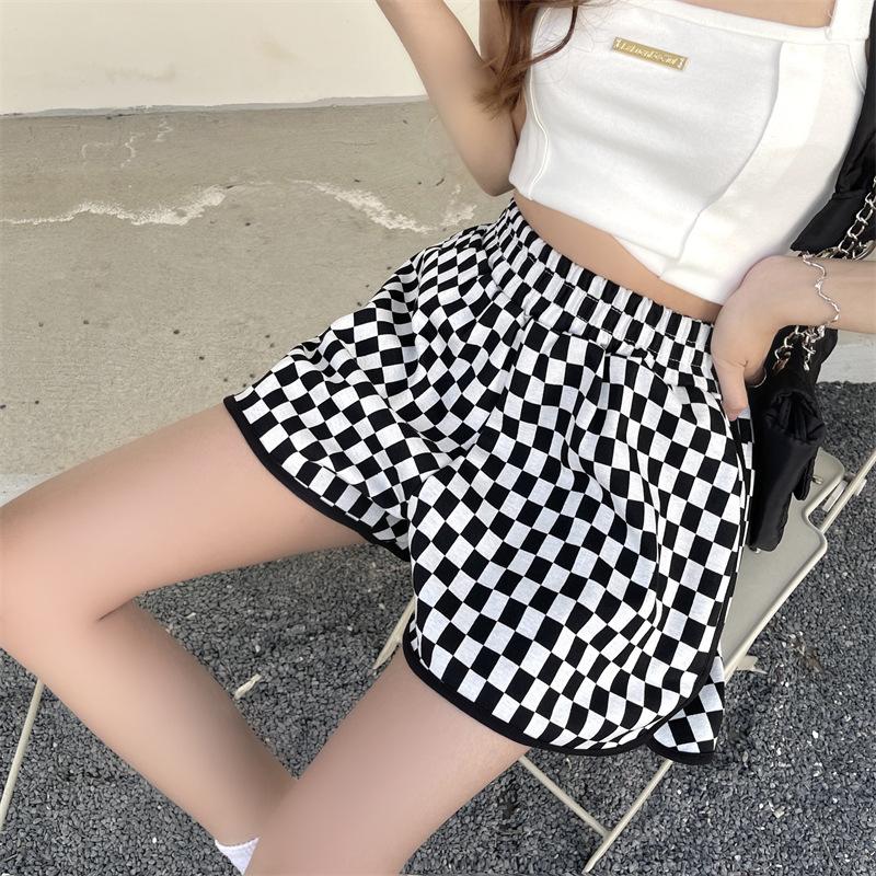 Women's Checkered Adjustable Drawstring Elastic Waist Casual Shorts Trendy Summer Black & White Plaid Print High Waist Fit with Pockets Loose Leg Fitted Bottoms booty shorts high cut cheeky shorts