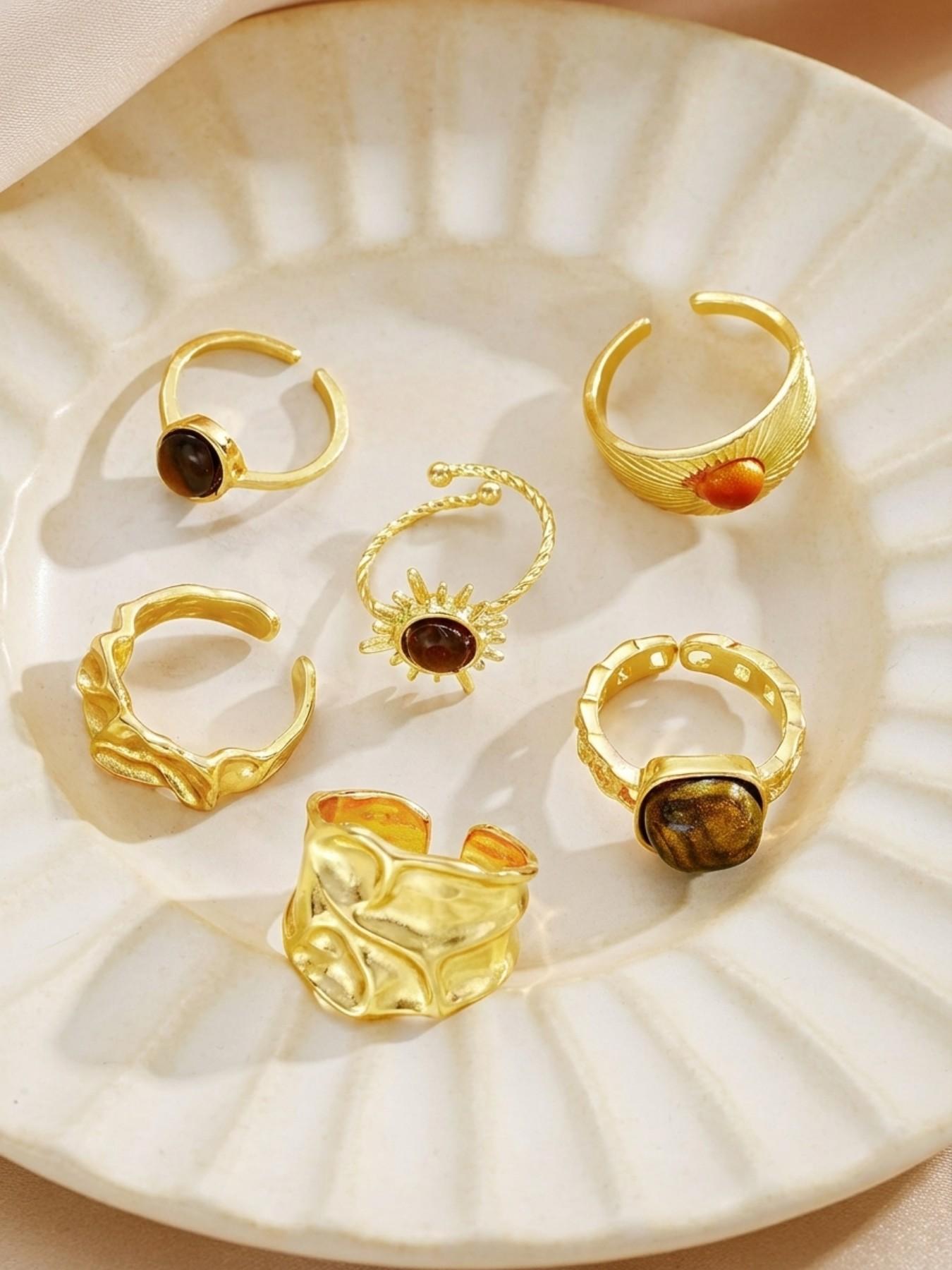 6-Piece Vintage Gemstone Irregular Ring Set, Perfect for Daily Wear, Ideal Gift, Unique Jewelry Collection, Stylish Accessories