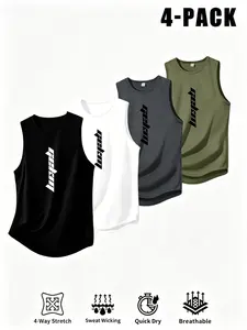 4-Pack Men's Casual Sleeveless Tank Tops, Multicolor Letter Print, Breathable Quick-Dry, Ideal for Gym & Running