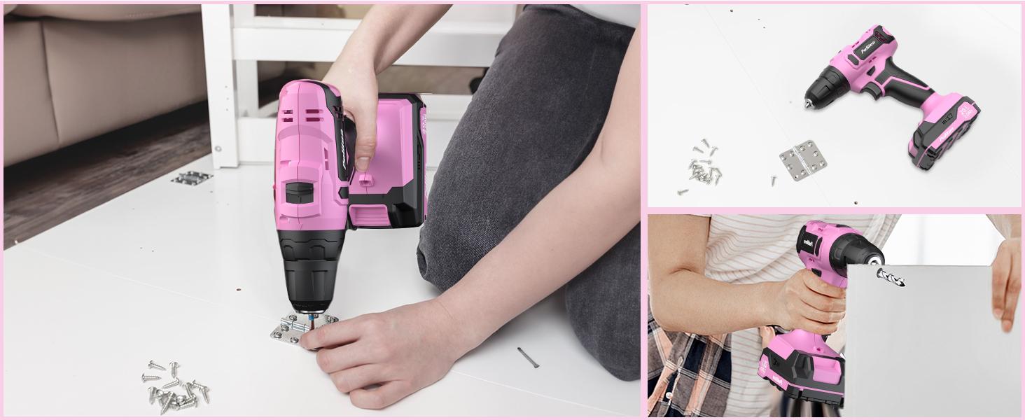 PULITUO 20V Cordless Pink Drill Tool Kit Set 238-Piece Power Drill Tool Box with Battery Electric Drill Driver for Lady's Repairing Kit Toolbox Tools Sets
