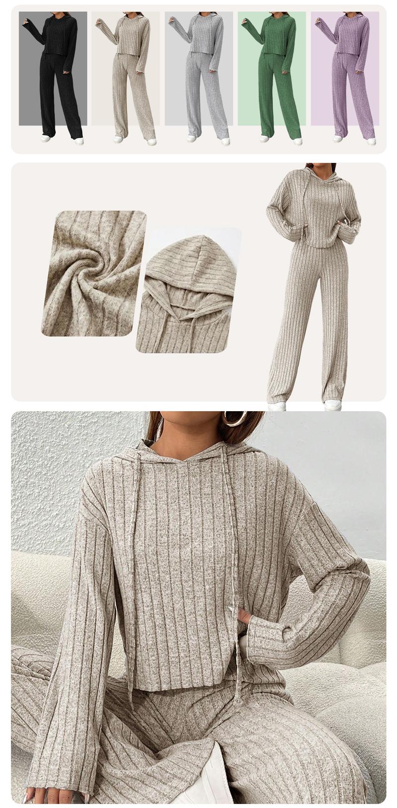 Women's Casual Knit Long Sleeve Tracksuit, Hooded Sweatshirt & Elastic Wide Leg Trousers Co-ord, Loose Fit Set, Casual Fashion Set, Loungewear For All-Seasons, Streetwear style Daily Wear, Pjs for Fall&Winter, Cozy Womenswear, Christmas Pajama Set
