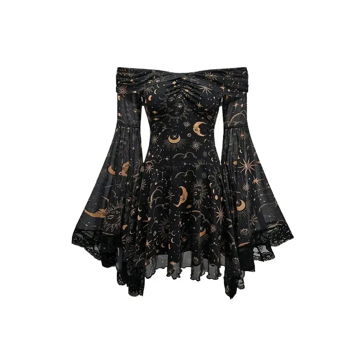 Gothic Vintage Star Moon Print Off-Shoulder Flounce Sleeve Mesh A-Line Long Sleeve Party Dress for Women
