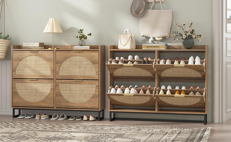 Vabches Rattan Shoe Storage Cabinet, Freestanding Shoe Organizer with Metal Legs for Entryway, Narrow Shoe Rack Cabinet, Rustic Oak Rattan