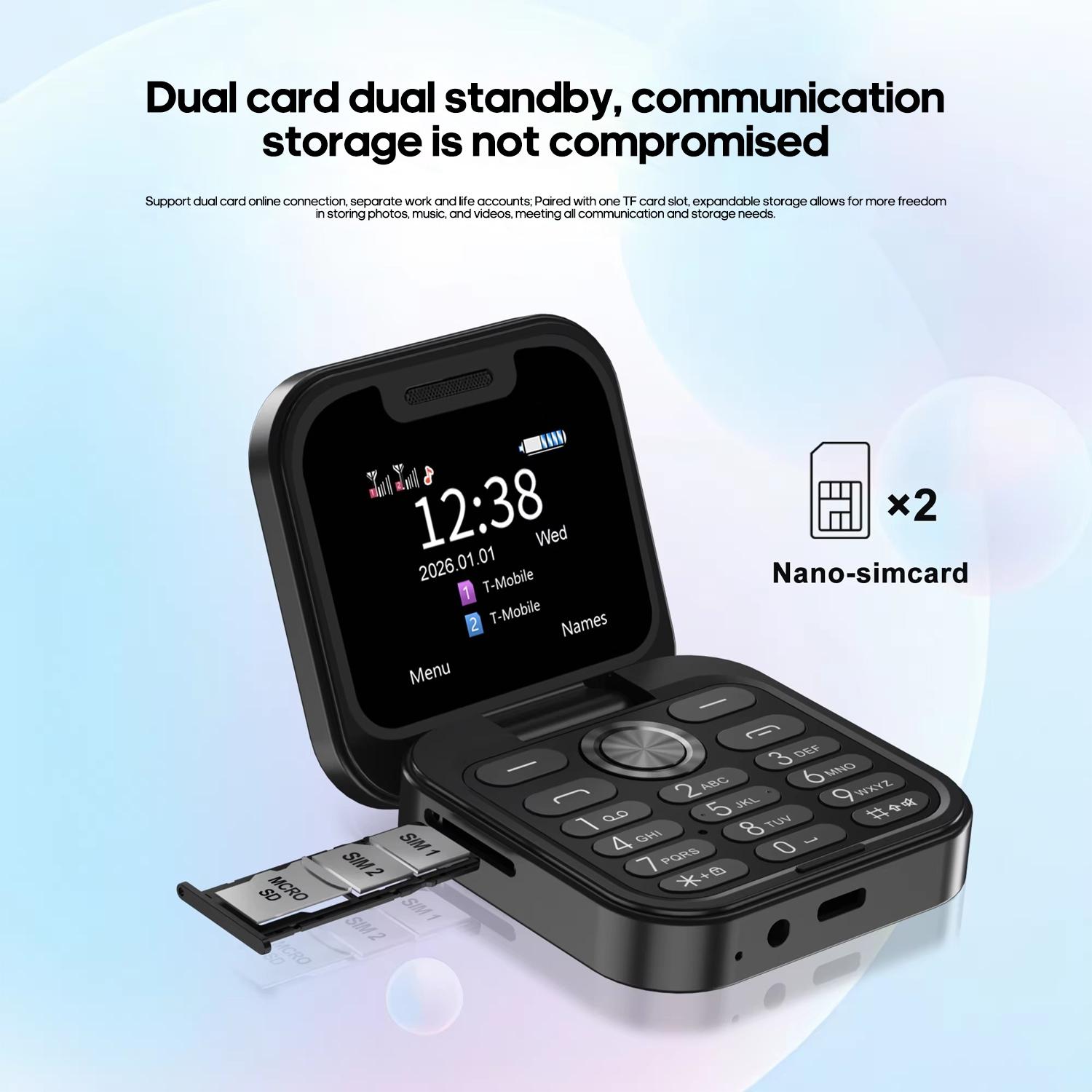 FUFFI fashionable mini folding clamshell phone with 2G network, 1.77-inch high-definition screen, dual SIM dual standby, 1000 mAh battery, flashlight/ music/ video/ convenient lanyard/ maximum support for 8GB capacity expansion