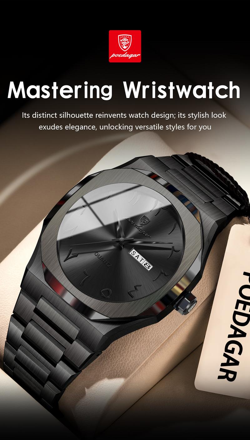 Poedagar men's military watch, waterproof luxury watch, weekly calendar men's watch, quartz stainless steel men's fashion watch, Modern Trendy Watch