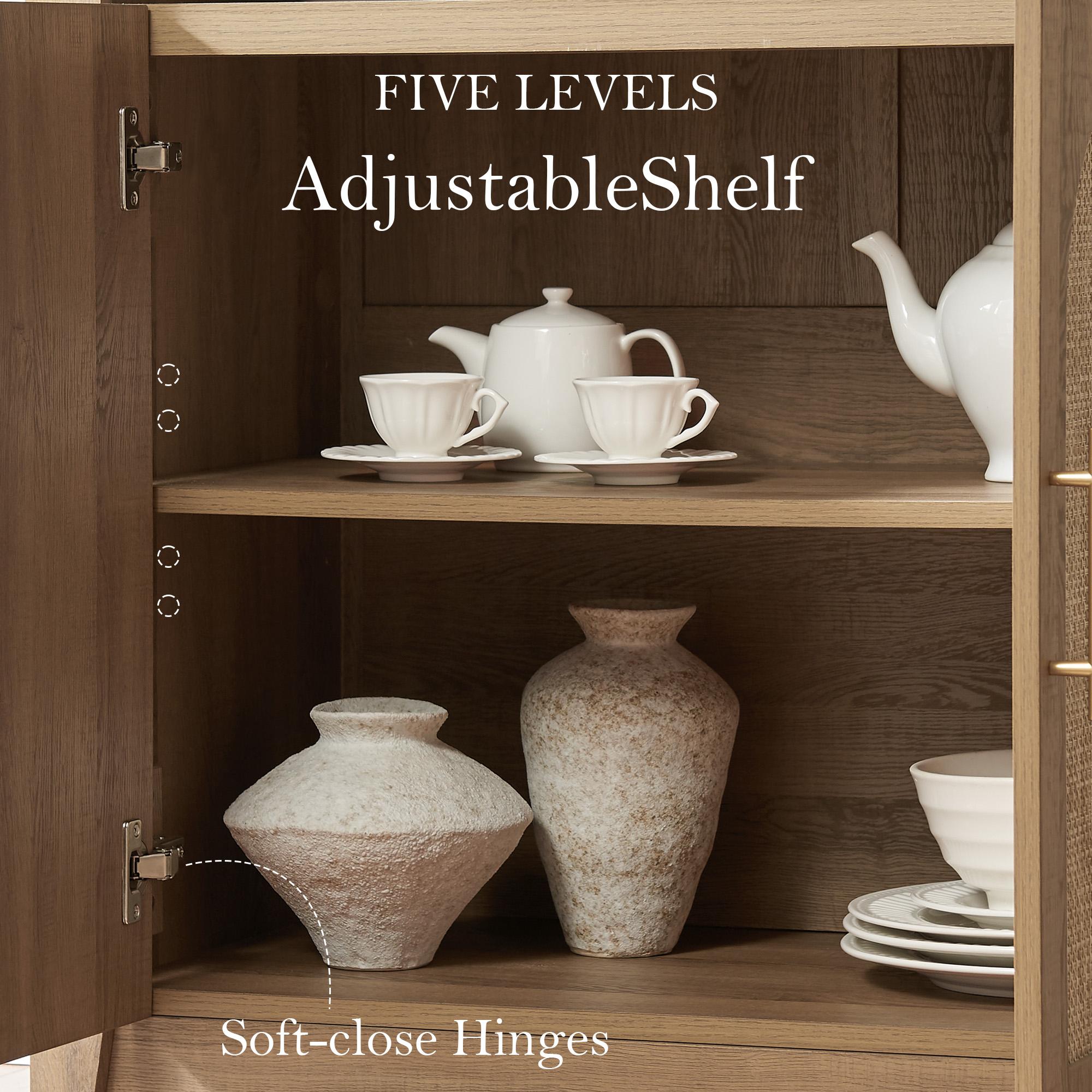 Arched Cabinet Bookshelf Bookcase - 69.3” Tall Mid Century Arched Display Cabinet, Rounded Bookshelf with Rattan Doors, Open Shelf Storage for Dining Room