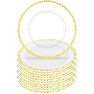 10Pcs Clear Bulk Charger Plates for Wedding - 13" Premium Clear Plastic Chargers with Gold Beaded Rim, Decorative Dinner Plates for Events & Parties