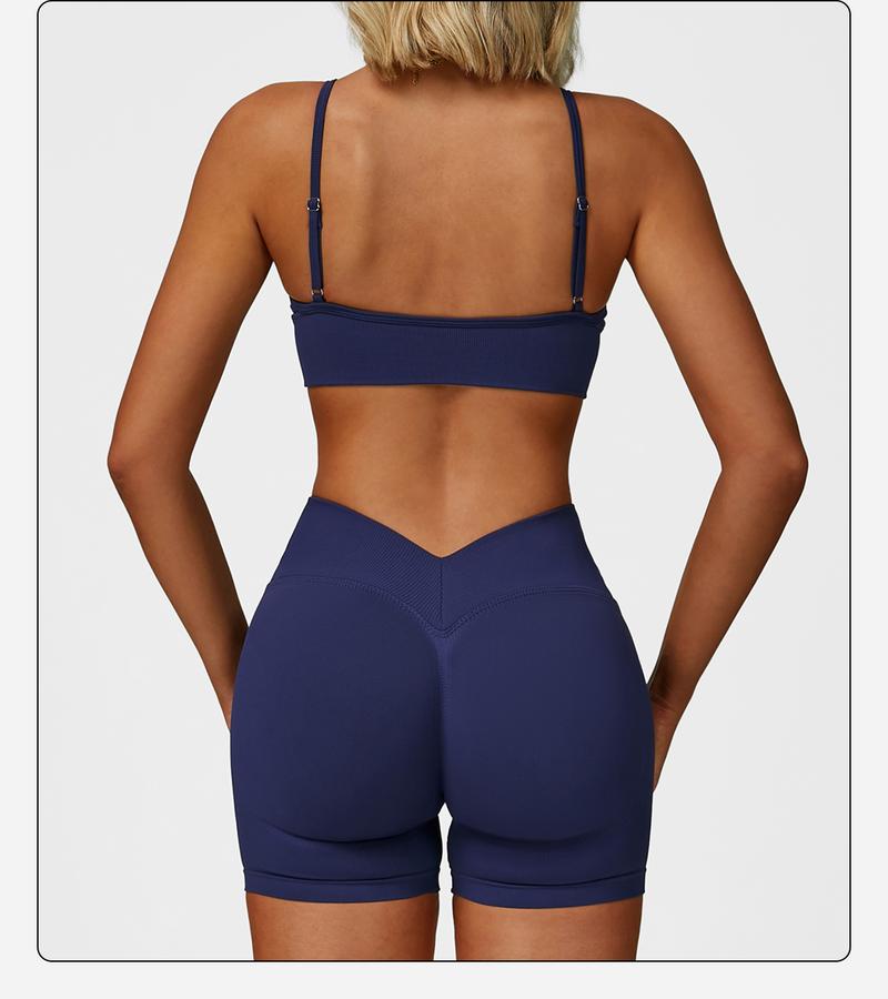 Women's 2 Piece Seamless Yoga Workout Set High Waisted Shorts Sports Bra for Exercise Athletic Breathable Lightweight Compression Activewear Pilates Gym Outfit with Hollow Square Back and Curved Rear Hip