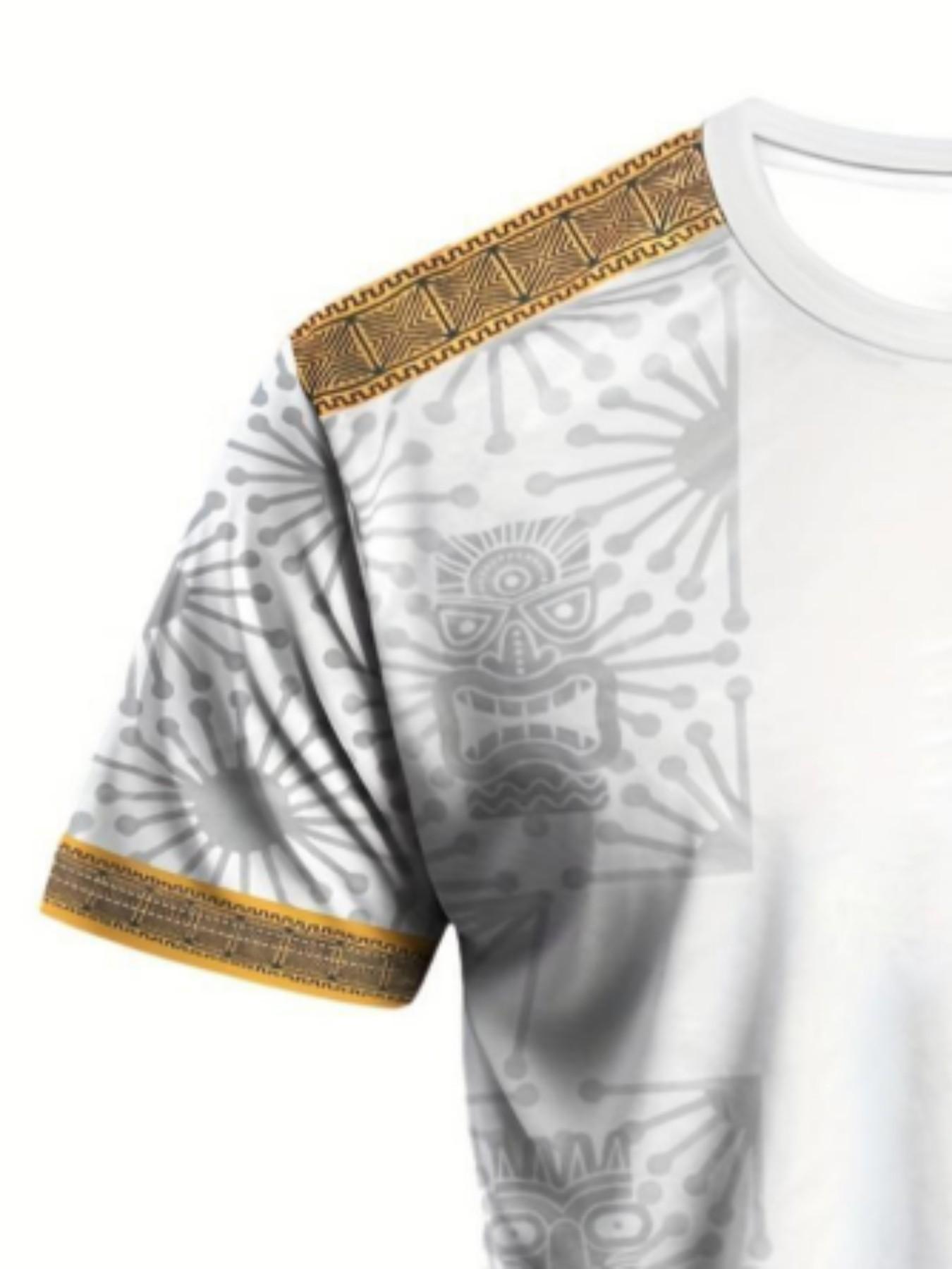 Men's Polynesian Tikka Mask Sport T-Shirt, Tribal Style Round Neck Short Sleeve Top, Loose-Fitting All-Seasons Clothing