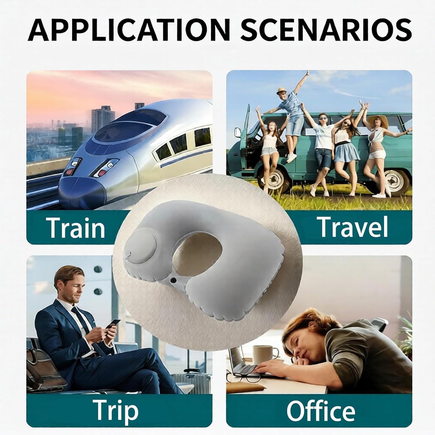 Inflatable Travel Pillow for Airplane Neck Support, Quick-Inflate Neck Pillow for Long Flights, Car, Office, Portable Bath Pillow