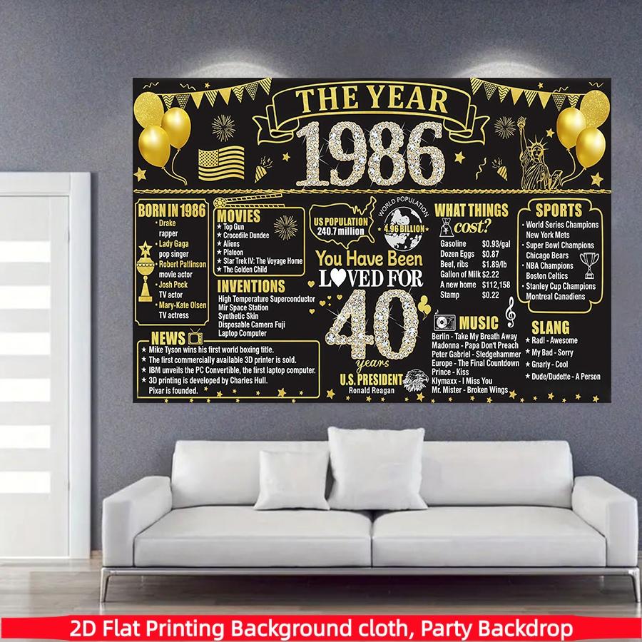 Retro Black Gold 40th Birthday Party Background Cloth, Black Gold 40th Birthday Banner, Retro 1986 Background Poster Photography Background, Polyester Material, Suitable for Photo Booth, Party, Birthday, Celebration, and Indoor/Outdoor Family Birthday