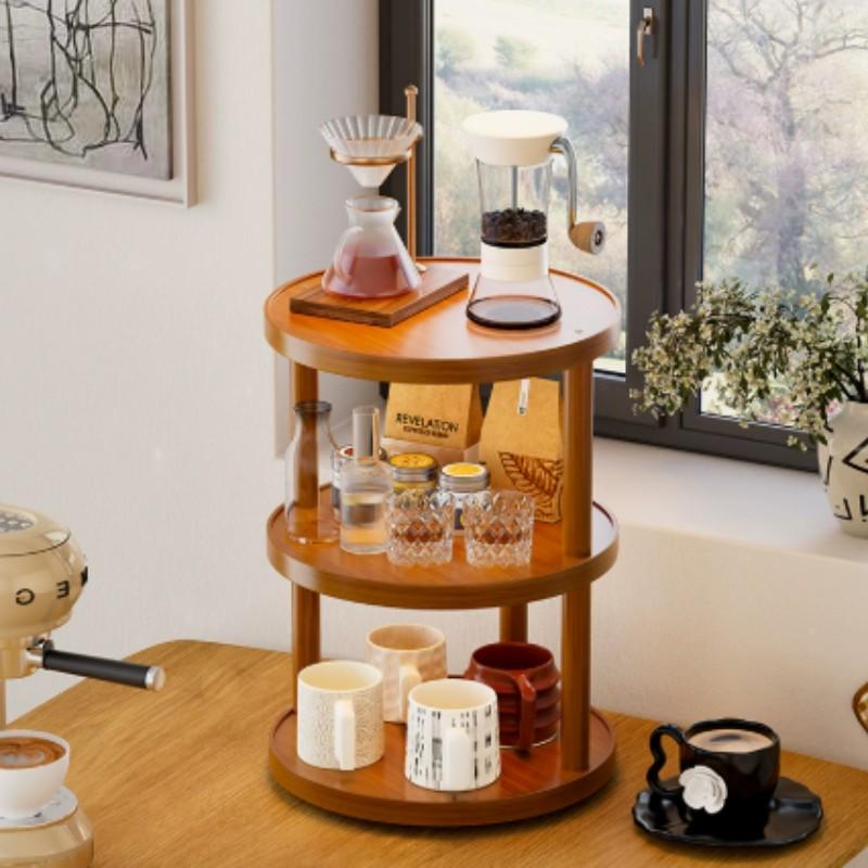 Round Table Three-Tier Storage Rack, Cosmetic Organizer, Perfume Display Stand, Fixed/rotating Base, Indoor Living Room Cup Holder, Bedroom Cosmetics Shelf