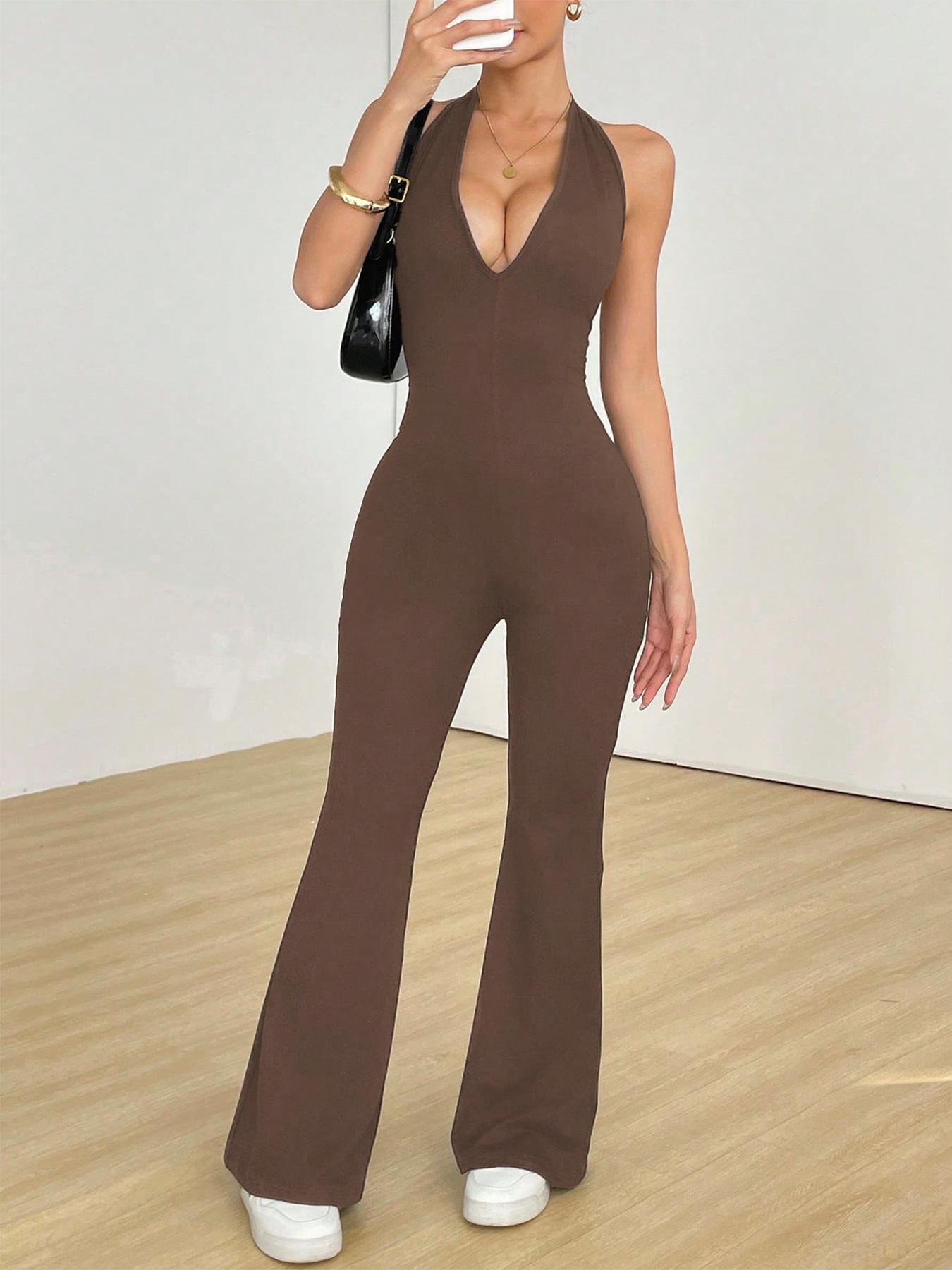 Women's Halter Neck Jumpsuit, Sleeveless Deep V Backless Chic Design, Flare Leg Romper for Casual Wear