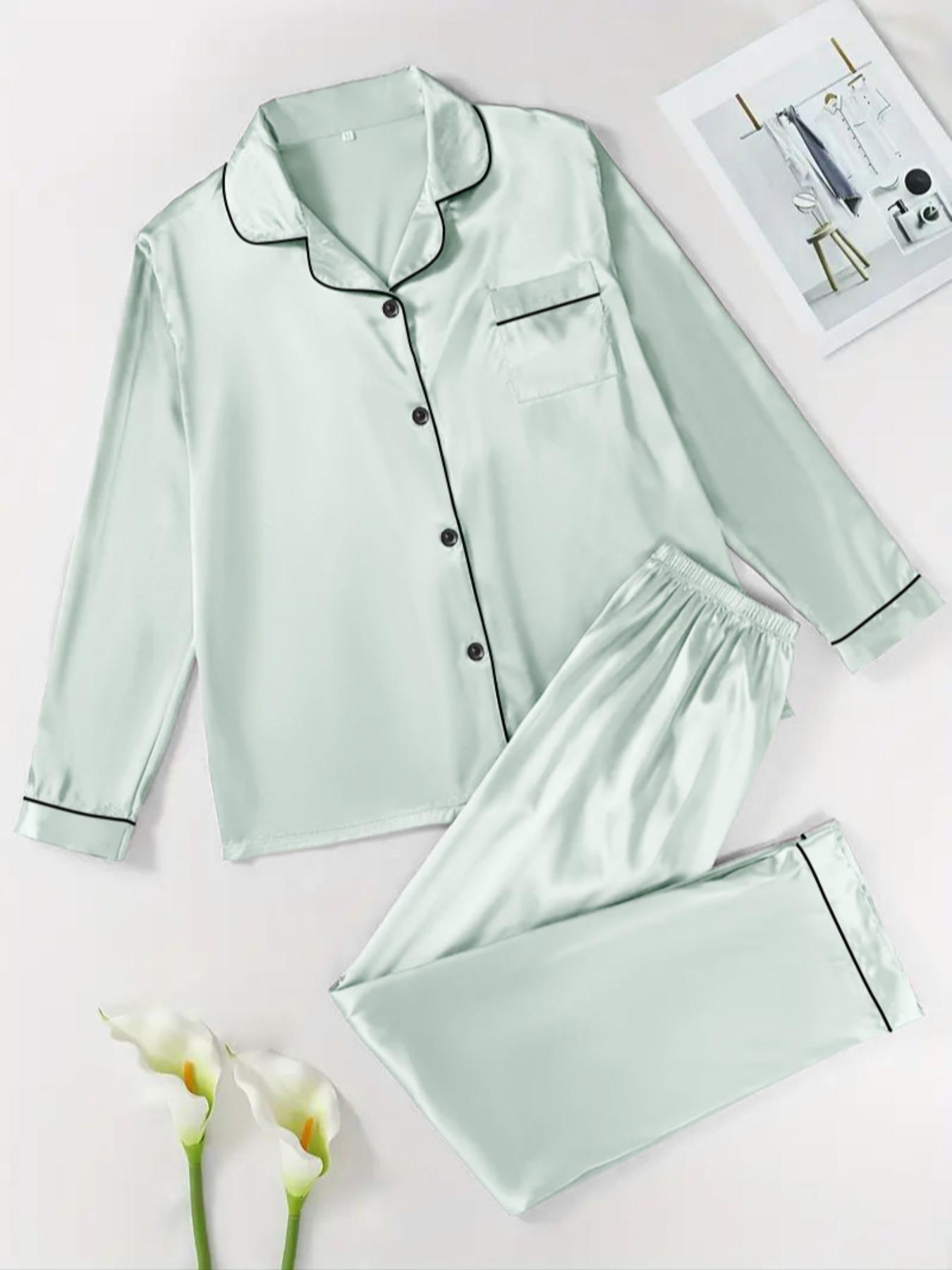 【Valentine's Day】Two-Piece Set Women's Solid Contrast Binding Satin Pyjamas, Pajamas, Long Sleeve Lapel Button Front Shirt & Elastic Waist Pants PJ Set, Casual Comfortable Sleepwear Set for Women