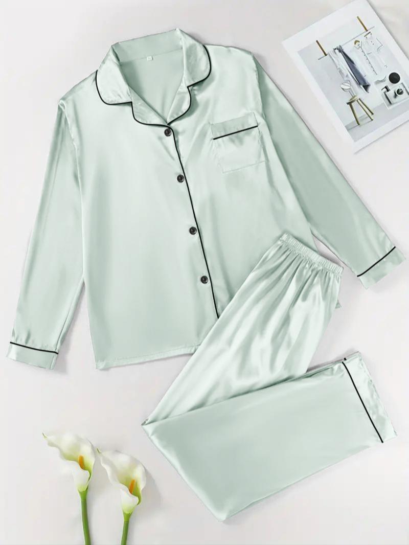 【Valentine's Day】Two-Piece Set Women's Solid Contrast Binding Satin Pyjamas, Pajamas, Long Sleeve Lapel Button Front Shirt & Elastic Waist Pants PJ Set, Casual Comfortable Sleepwear Set for Women