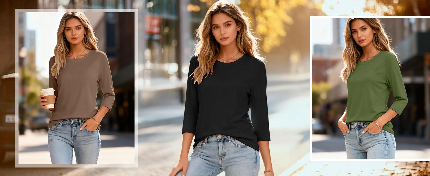 Women's 3-Pack 3/4 Sleeve Crewneck T-Shirts - Solid, Breathable, Classic Basic Casual Tees, Loose Fit Blouses, Summer Clothes, Fall Layering Tops, Work Outfits, Machine Washable Fabric Fashion