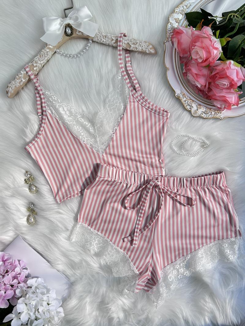 Women's Stripe Print Sexy Lace Trim Pajama Set V Neck Backless Crop Cami Top & Mini Shorts Loungewear & Sleepwear Fit Pants