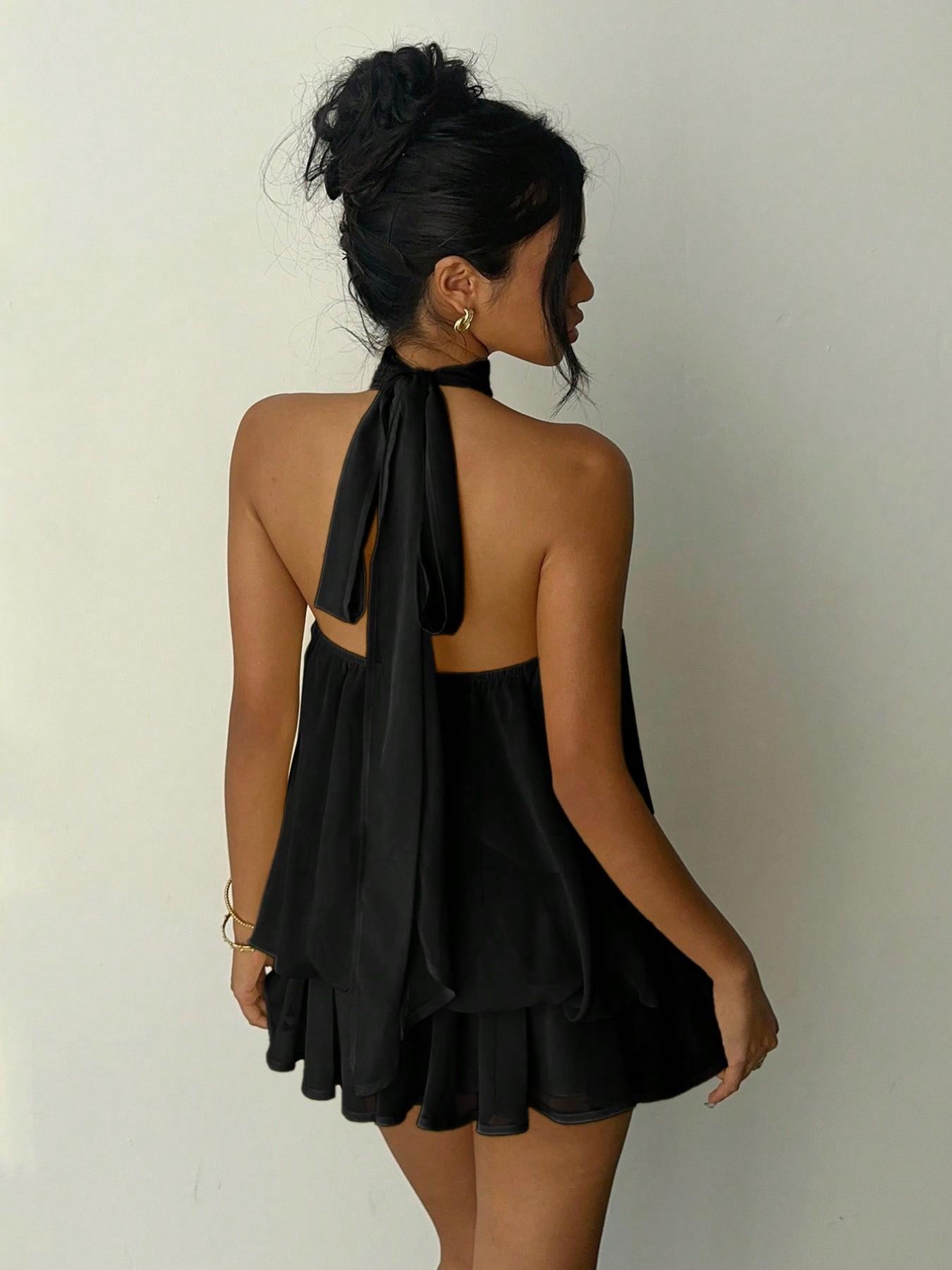 Women's Simple Solid Backless Halter One-Piece Jumpsuit, Elegant Ruffle Design, Perfect for Casual Wear, All Seasons Fashion Women's Simple Solid Backless Halter One-Piece Jumpsuit, Elegant Ruffle Design, Perfect for Casual Wear, All Seasons Fashion