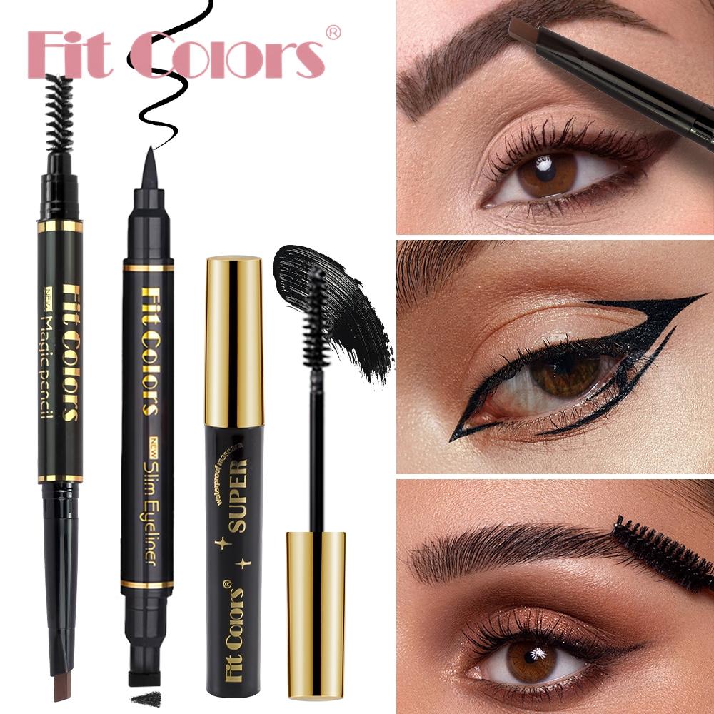 Fit Colors Eyelash Mascara Eye Liner Brow Pen Set, Long Curl Natural Look, Perfect Gift for Eyes, Beauty Essentials Kit