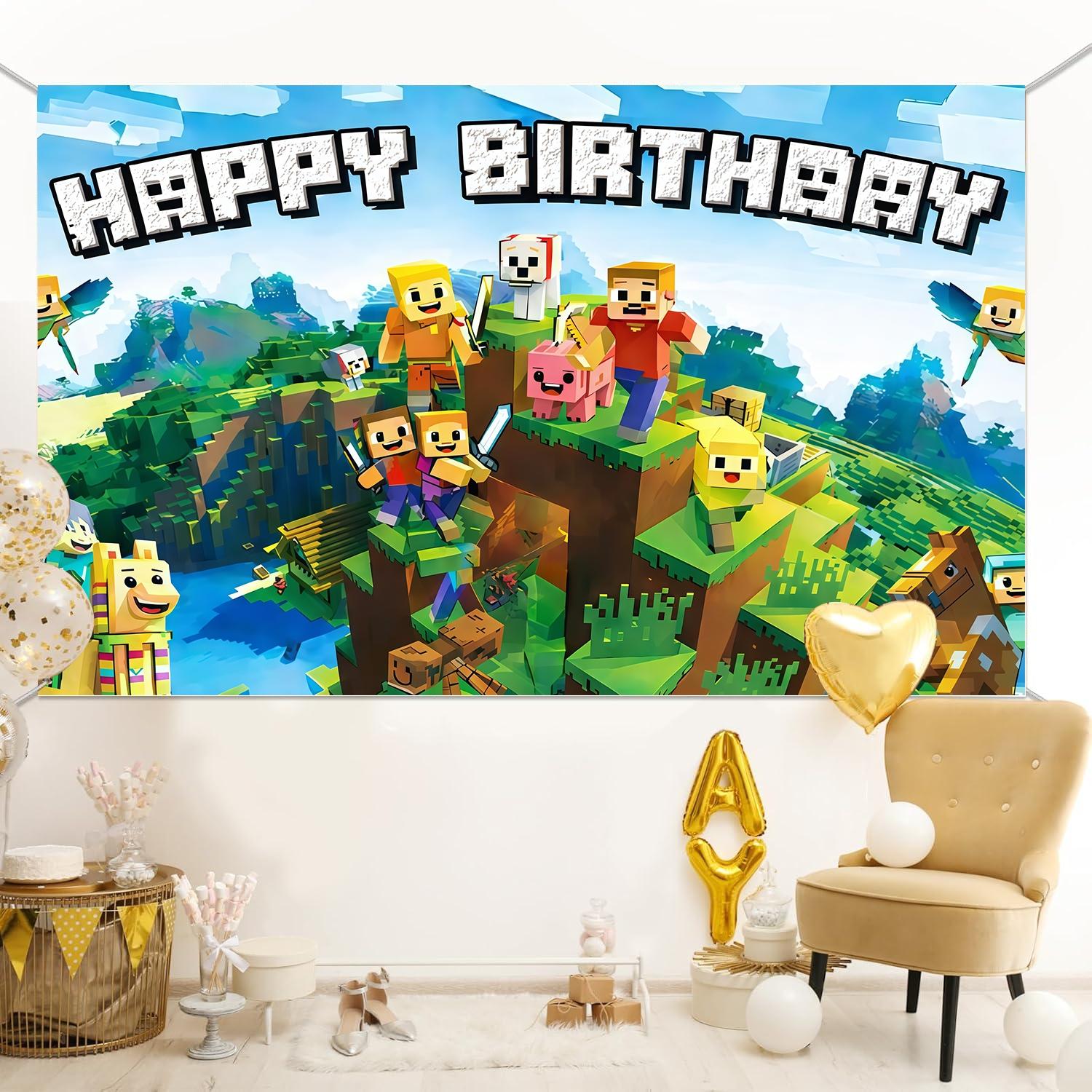 Pixel game birthday party background banner, happy birthday decoration, polyester material, suitable for birthday party decoration, stage and room decoration, home decoration, holiday party supplies, photo booth background, indoor/outdoor decoration