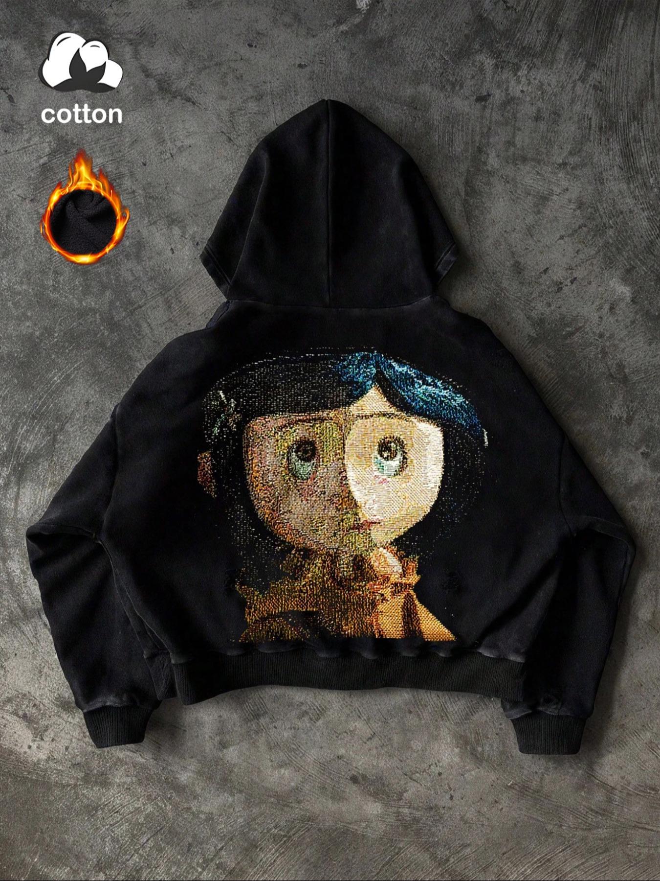 Coraline Movie Print Cotton Men's Street Style Y2K Retro Washed Hooded Zipper Sweatshirt, Fashionable and Trendy Casual Men's Top, Men's Long-Sleeved Fleece-Lined Autumn and Winter Jacket