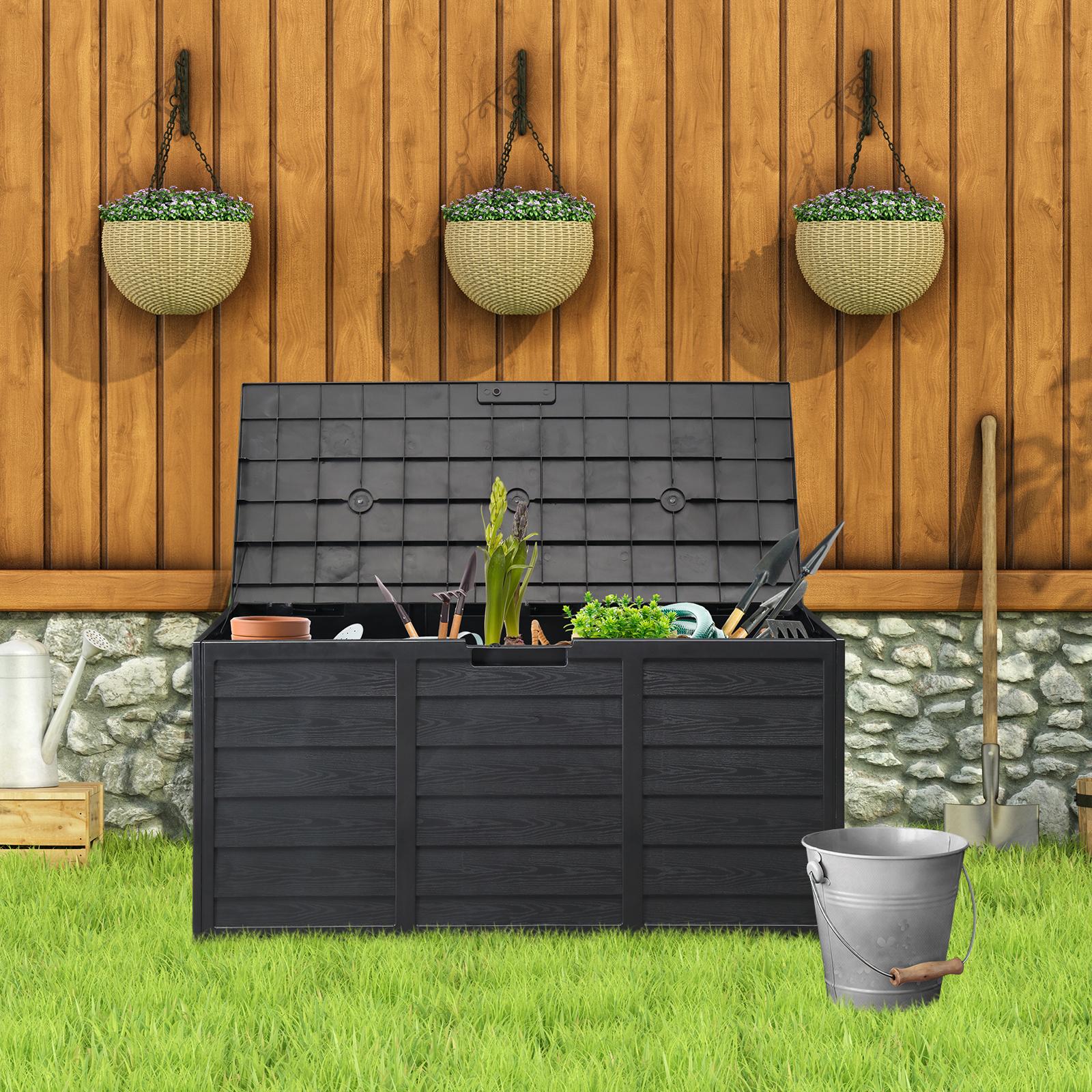 75 Gallon Outdoor Storage Box, Weatherproof Wood-Look Deck Box with Wheels, Lockable Black Garden Chest for Patio Cushions & Tools