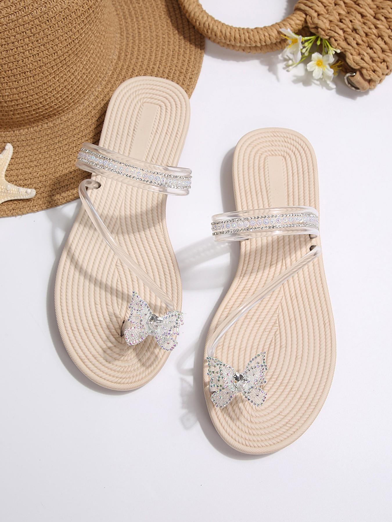 Summer New Rhinestone Bow Flip Flops for Women, Transparent Strap Flat Sandals, Outdoor Non-Slip Beach Shoes, Comfortable and Stylish