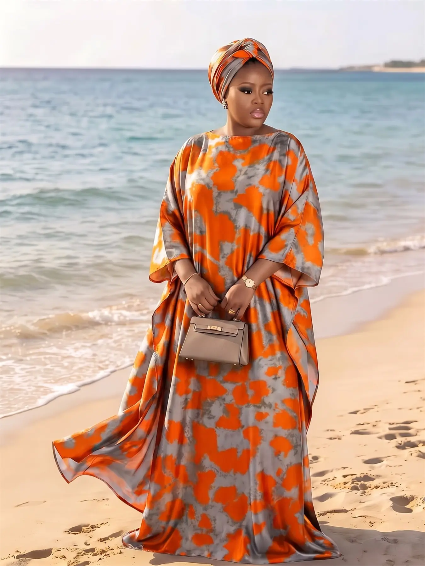 Women's Elegant Chic Geometric Print Robe Set, Casual Fitted Long Dress & Scarf, Beach Resort Wear, Stylish Summer