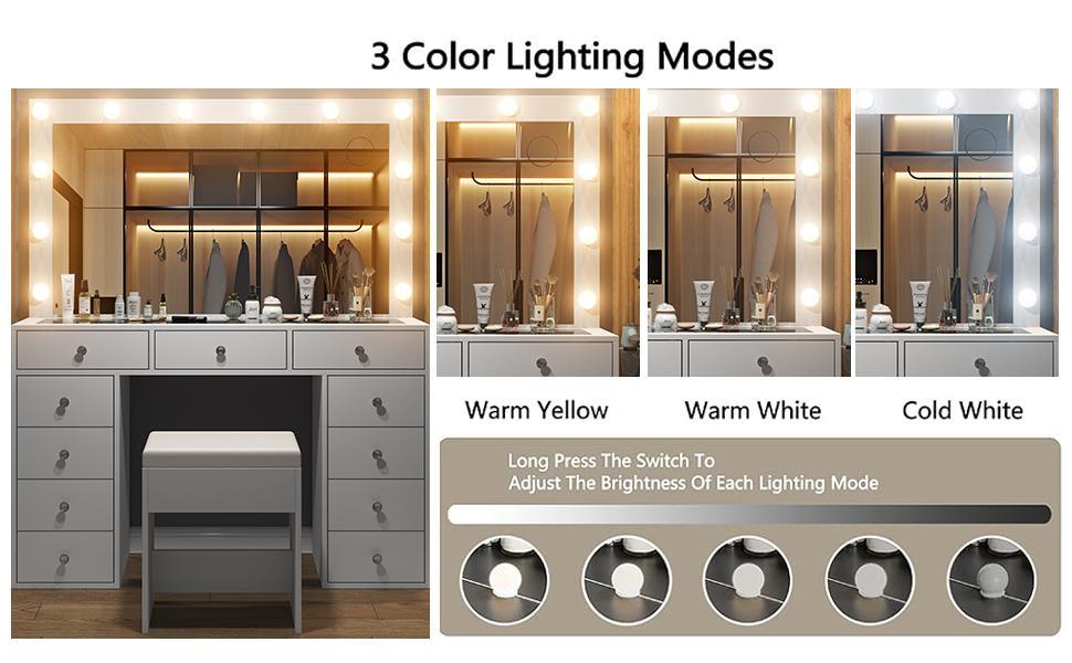 FUSOU 47"W 11 Drawer Vanity Desk with Power Outlet, Vanity Table with Chair, 3 Lighting Modes,Dressing Room, Makeup Vanity with Mirror and 12 LED Lights